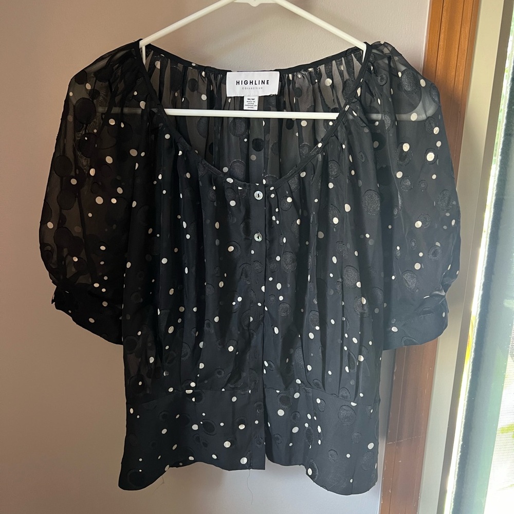 Polka Dot Puff Sleeve Button Up Top